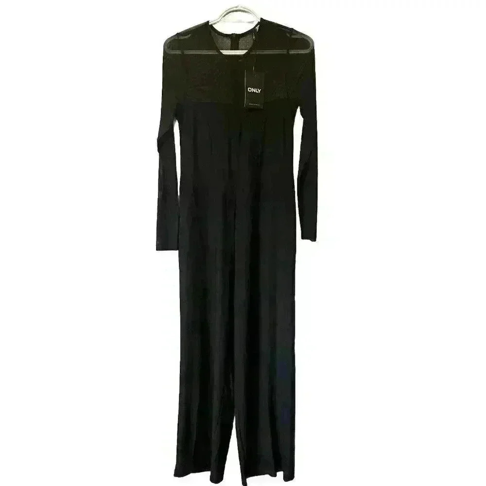 ONLY Black Sheer Mesh Long Sleeve Wide Leg Jumpsuit NWT